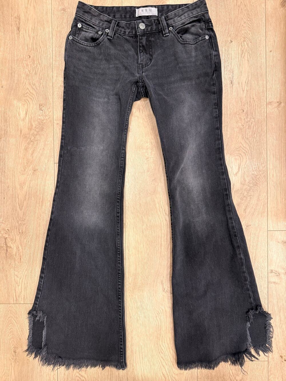 We The Free Free People Black Wide Leg Flare Jeans Raw Hem Distressed Size 24